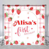 Aperturee - Aperturee Pink Grid Strawberry Girl Custom Birthday Backdrop